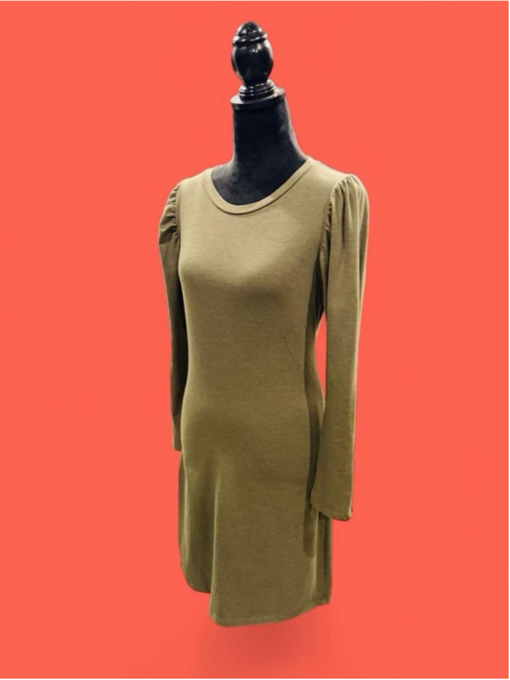 Good Luck Gem Olive Green Puff Sleeve Jersey Knit Mini Dress Women’s M Stretch
